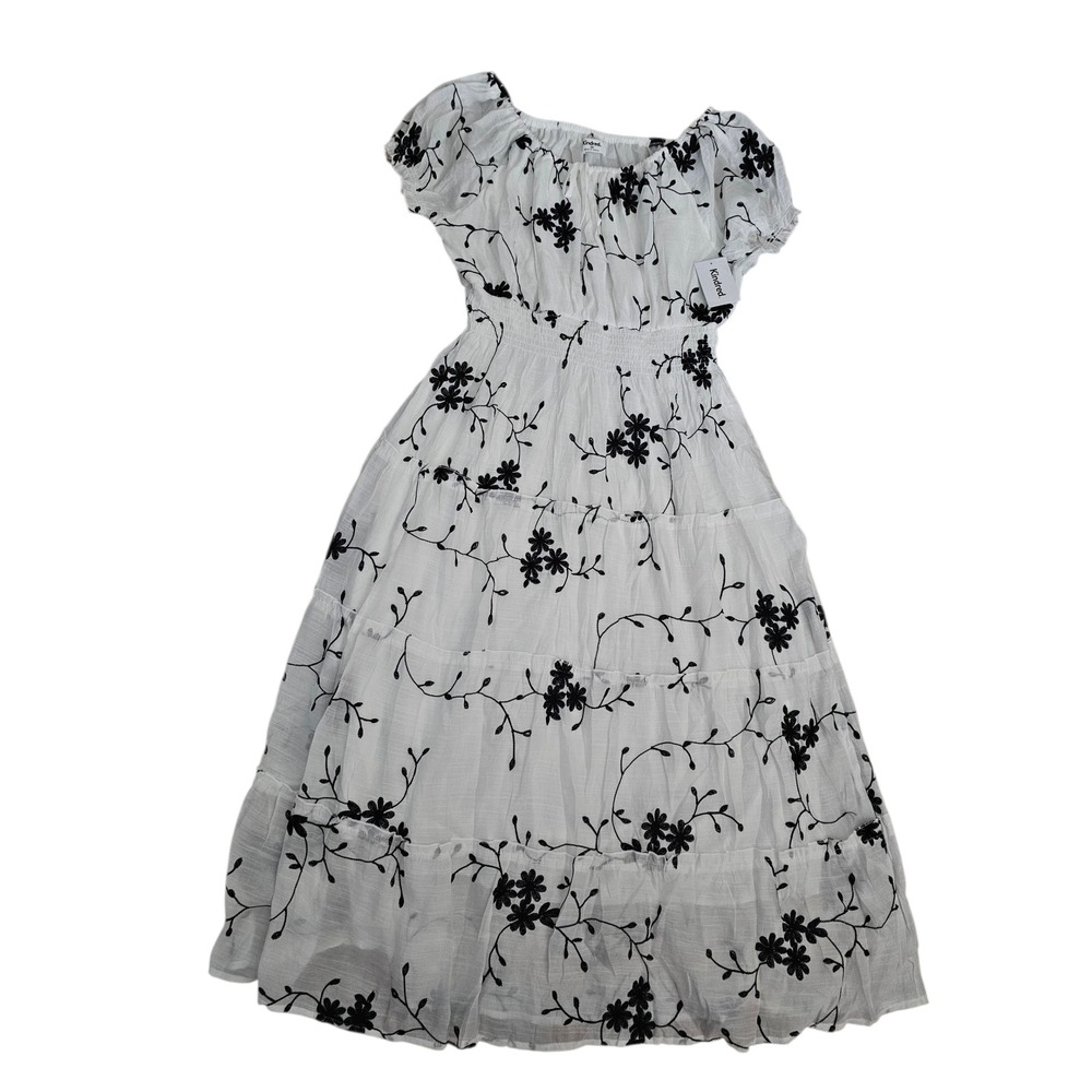 Kindred Womens 2X White Black Floral Embroidered Smocked Tiered Midi Dress NEW